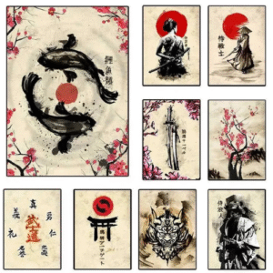 Samurai Art Sakura Canvas Wall Decor: Japanese Ink Painting, Modular Print, Moon Theme, Home Living Room Art