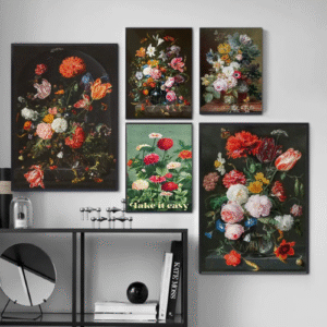 Elegant Flower Canvas Prints: Vintage Floral Bouquet Art, Dark Canvas Wall Decor for Living Room, Modern Home Accent