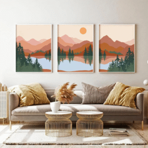 wholesale Mid Century Boho Abstract Mountain Lake Trees Print Wall Art Nordic Canvas Picture Nature Landscape Painting Living Room Poster